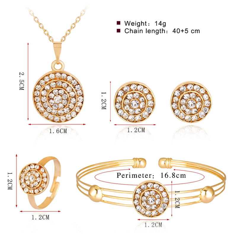 Plating Kc Simple Full Diamond Round Jewelry Necklace Earrings Ring Bracelet Four-piece Set  Wholesale Nihaojewelry display picture 1