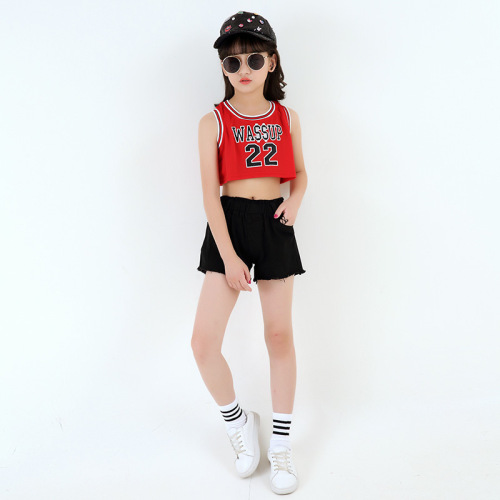 New Korean-style children's jazz dance performance costumes for girls, street dance red sporty tank tops, modern JAZZ performance.