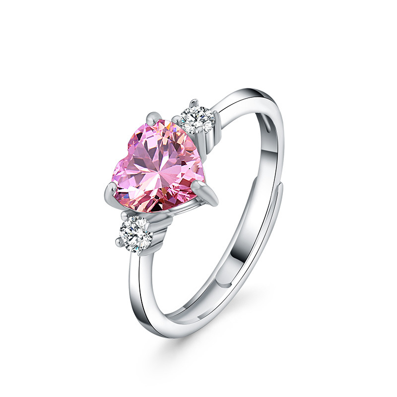 厂家定制 925纯银银戒指 心型戒指镶钻3A锆石开口手饰女 一件代发