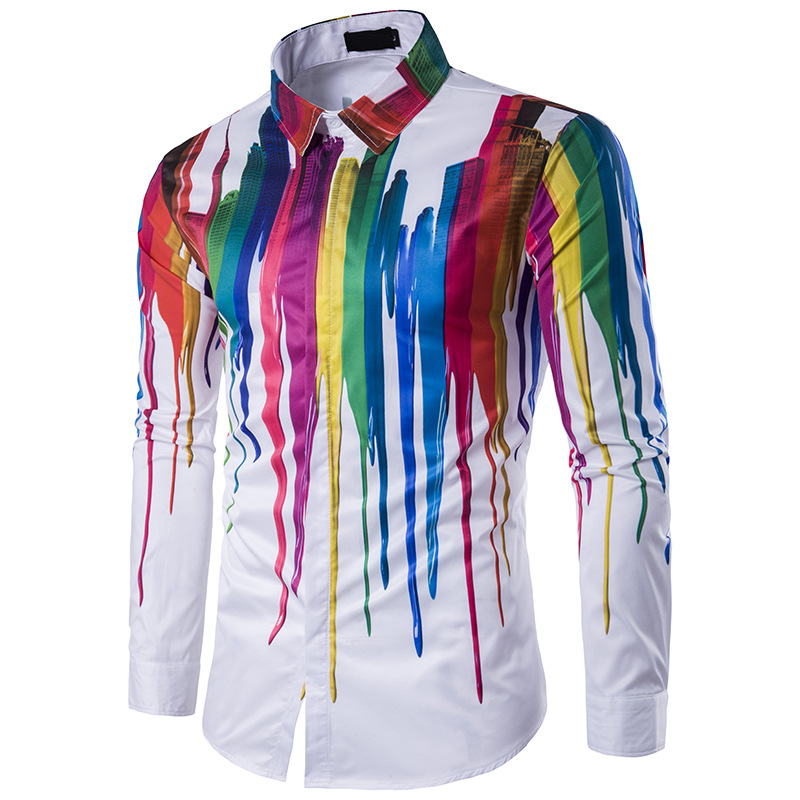 Express eBay new products men's personality urban splash ink 3D slim long sleeve shirt thin large men's shirt
