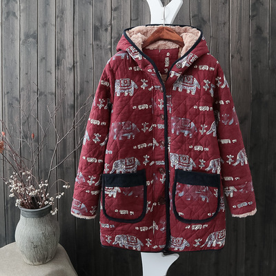 lei氏韩版大象印花羊羔绒连帽宽松大码加厚中长款棉衣外套棉袄|ms