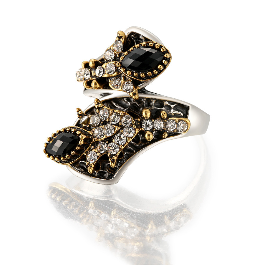 欧式复古天然黑宝石电镀双色镶钻花朵戒指义乌源头厂家货源A2507