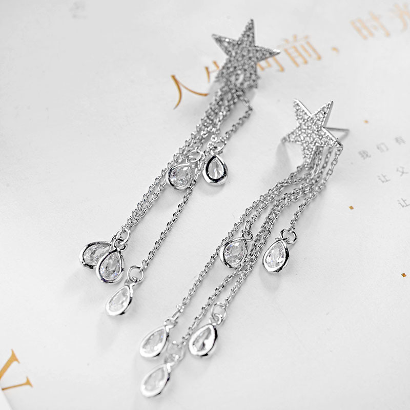 Korean Fashion New Five-pointed Star Tassel Zircon Sterling Silver Needle Earrings Wholesale Nihaojewelry display picture 4