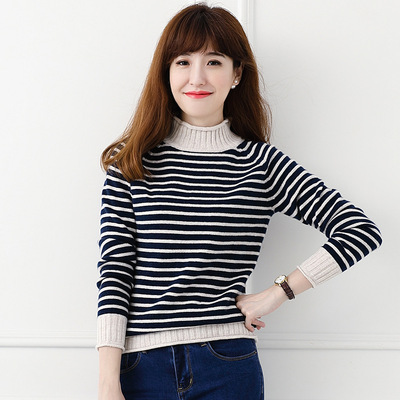 春款薄羊绒衫女半高领条纹宽松套头保暖羊毛衫年轻打底毛衣一件代|ms