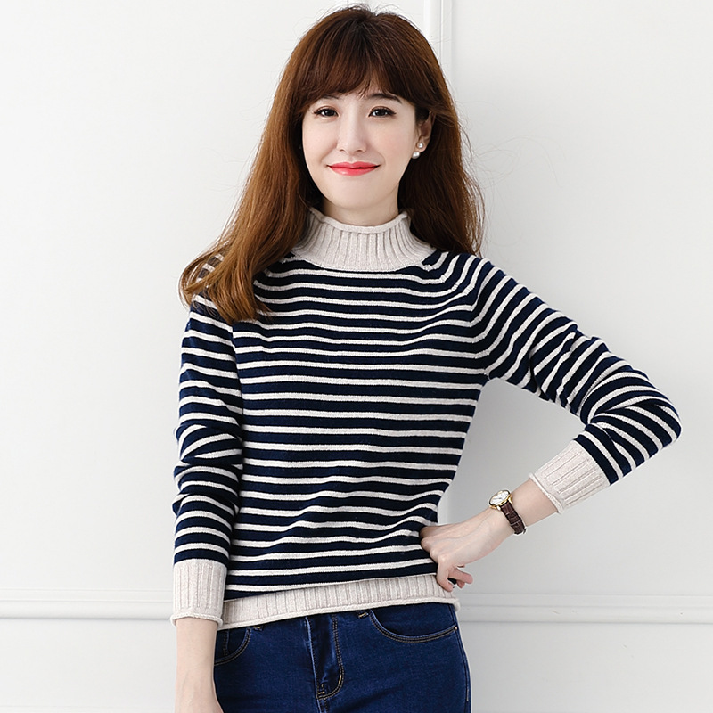 春款薄羊绒衫女半高领条纹宽松套头保暖羊毛衫年轻打底毛衣一件代|ms
