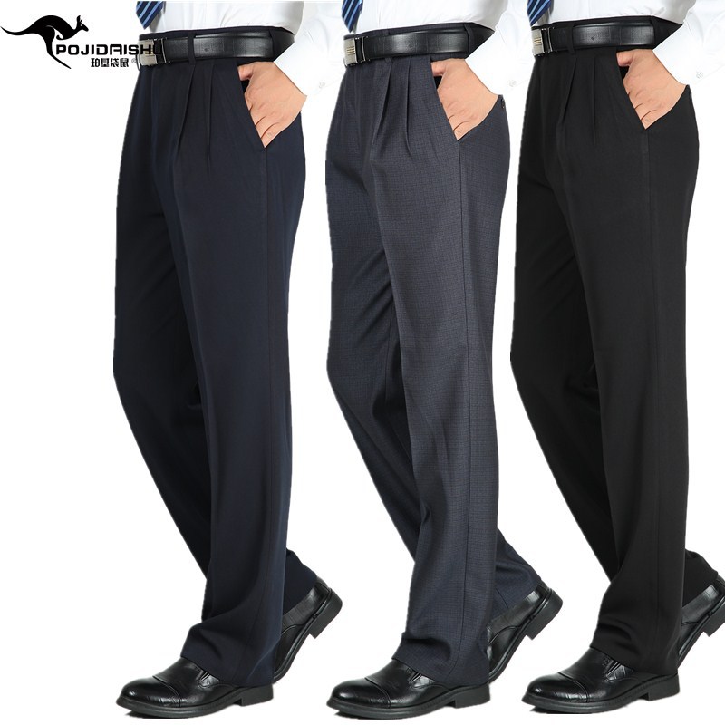 Perki canguro Otoño e Invierno gruesos pantalones de traje de hombre de mediana edad doble plisado pantalones de traje recto de cintura alta de mediana edad y ancianos pantalones de papá