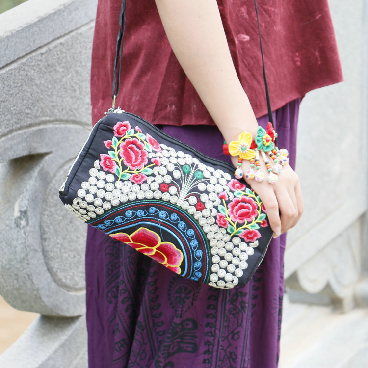 新款民族风绣花女士钱包 刺绣金钱花钱包女式