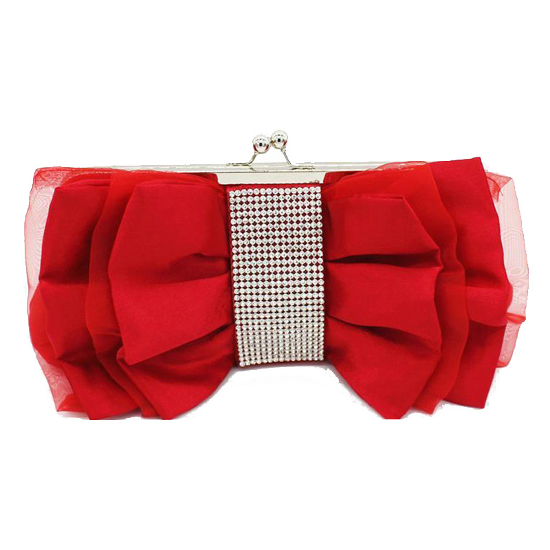 Túi clutch dạ tiệc satin nơ xếp ly đính kim cương – kèm dây đeo chéo — Màu đỏ, Màu đen, Màu Sâm panh, Màu bạc