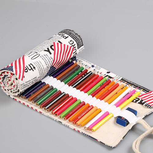 Handmade American Flag Canvas Pen Holder with 12/24/36/48/72 Colored Pencil Roll Pouch Creative Storage Stationery Box