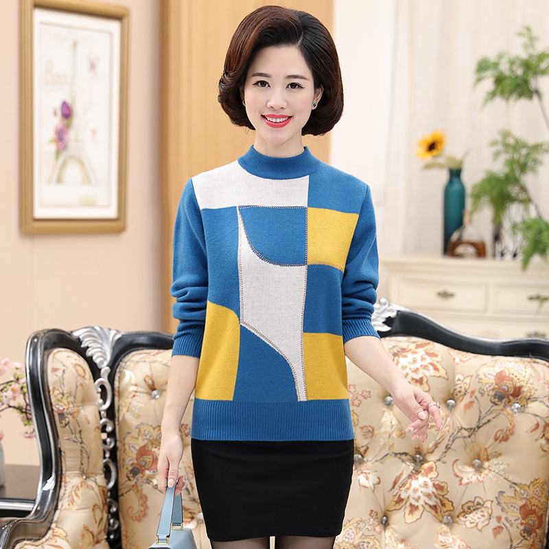 2019 autumn women's casual fashion geometric pattern pullover knitted mother shirt middle-aged and old women's top wholesale