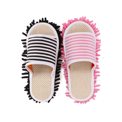 Spring and Summer Linen Lazy Mop Slippers with Classic Stripes, Japanese Style, Detachable Washable Home Wood Floor Mop Slippers