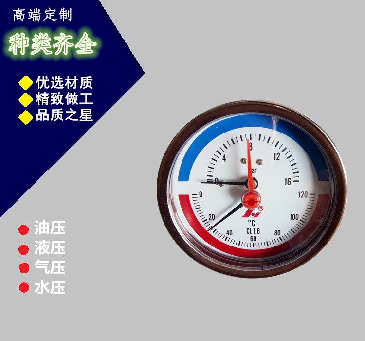 80MM黑铁壳轴向温度压力表一体表，温度压力表 16bar