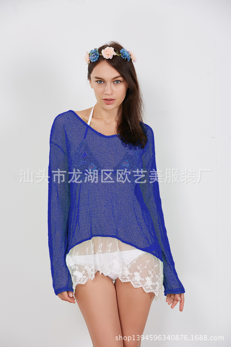Lace Trim Sheer Top Sexy V Neck Long Sleeve Hollow Out Design Fashionable Layering Piece for Women Wholesale