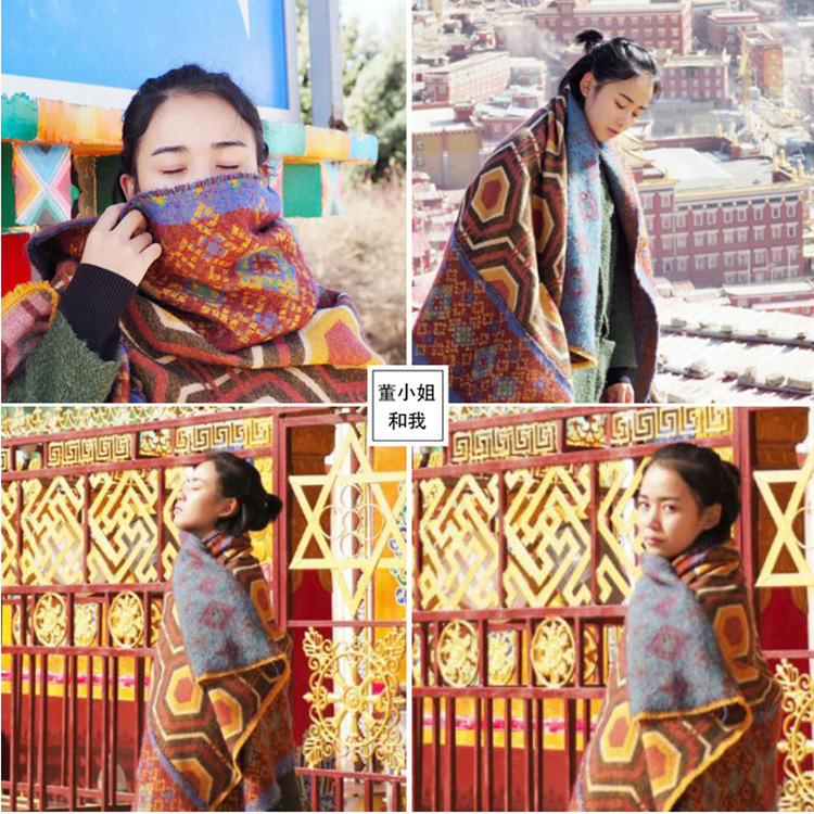 波西米亞民族風鬥篷仿羊絨披肩長款格子圍巾女士旅行圍脖秋冬披巾