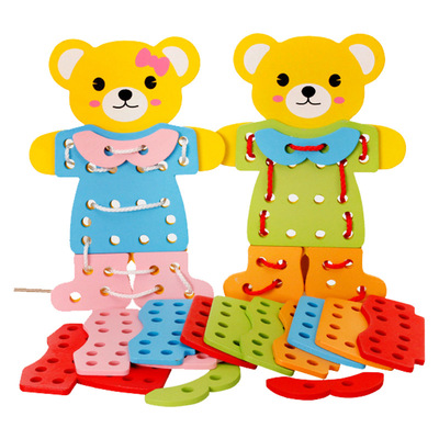 Little Bear Dressing Threading board kindergarten wooden  Educational toys Wearing rope String line game Jigsaw Puzzle Panel