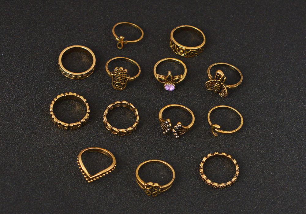 Retro Crown Palm Elephant Geometric Alloy Ring 13-piece Set display picture 4