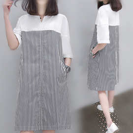 2020春夏新款韩版短袖套头条纹连衣裙女宽松A字打底中长裙子潮