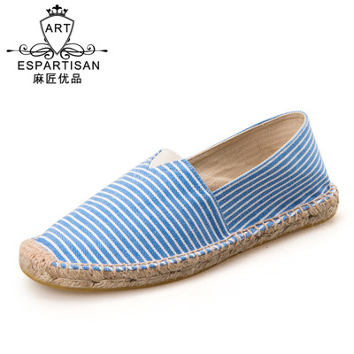 草编条纹渔夫鞋 低帮套脚帆布鞋潮流懒人鞋 男女麻底情侣鞋批发|ru