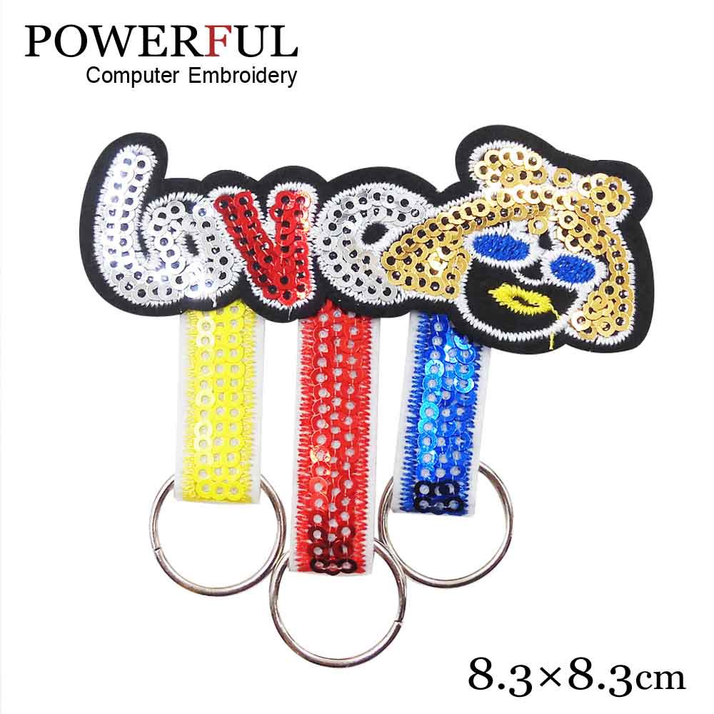 LOVE墨镜美女 三色珠片绣花织带圆形铁环扣 手工装饰前胸徽章布贴