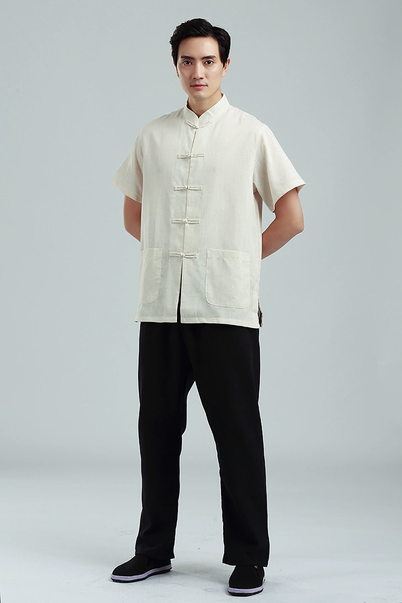 Костюм Тан из старой грубой ткани в китайском стиле 0820-4, мужской топ с короткими рукавами, костюм для среднего и пожилого возраста с коротким рукавом