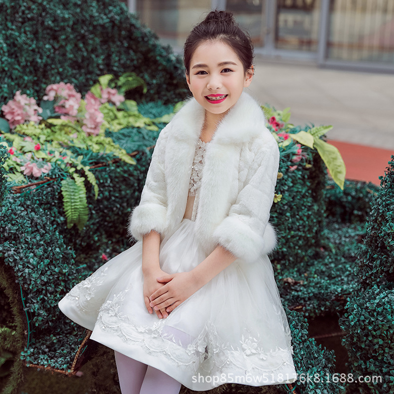 秋冬季新款加厚儿童长袖毛袄女孩公主小外套新娘结婚花童毛披肩白