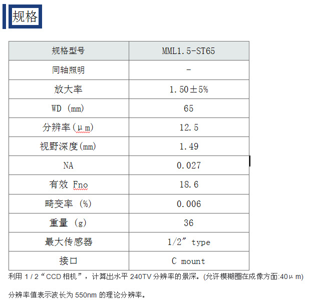 MML固定倍率镜头 MORITEX茉丽特 MML-ST系列 MML1.5-ST65远心镜头