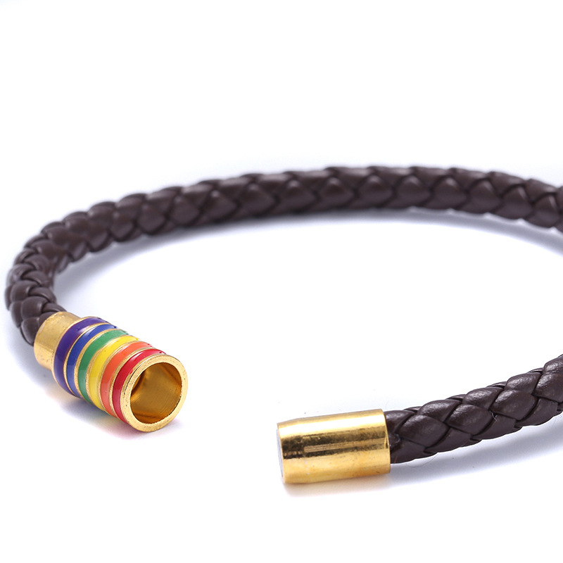 simple braided leather rainbow color titanium steel magnet buckle bracelet