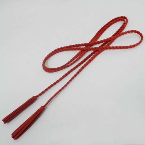 Retro Korean-style versatile matte leather tassel waist rope with round gold ring—delicate woven belt perfect for sweater and skirt accents