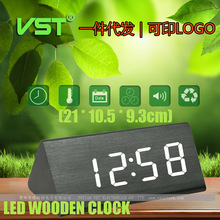 新款LED木头钟静音闹钟声控功能闹钟家居夜光数字显示台钟
