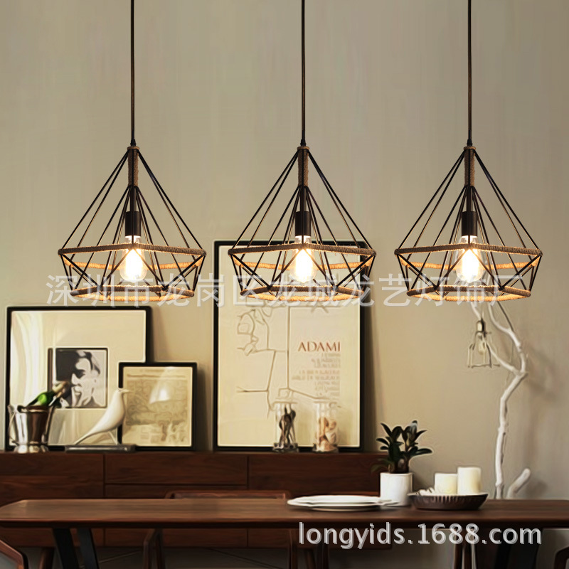 美式LOFT复古麻绳工业风铁艺钻石吊灯北欧创意艺术酒吧书房餐厅|ms