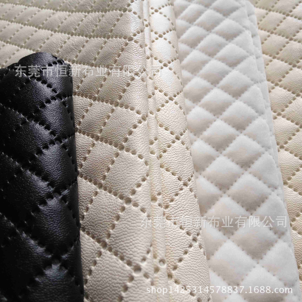 东莞恒新直售PU人造超纤革无线间棉压花打格面料用于座垫套等