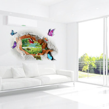 梵汐新款 墙贴 破洞外的风景蝴蝶溪流 家居装饰可移除 FX7502