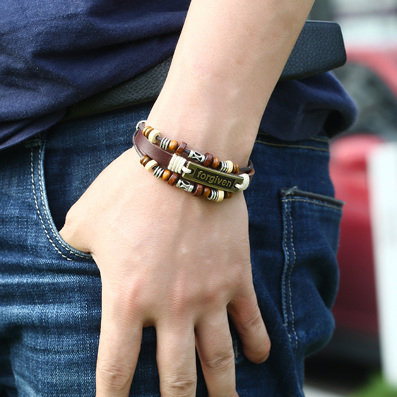 Vintage Alloy English Alphabet Leather Bracelet Leather Bracelet display picture 4