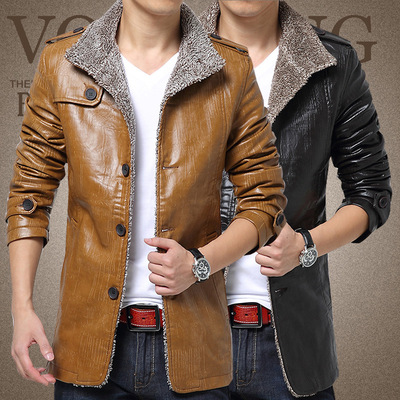 2018秋冬新款中长款皮衣男式中年立领修身皮夹克 休闲pu加绒加厚|ru
