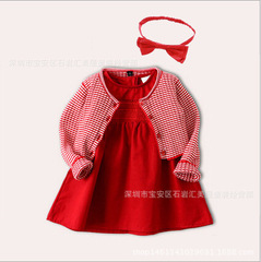 Spring and Autumn Newborn Baby Girl Full Moon Dress Birthday Festive Red Knitted Cardigan + Cotton Embroidered Skirt