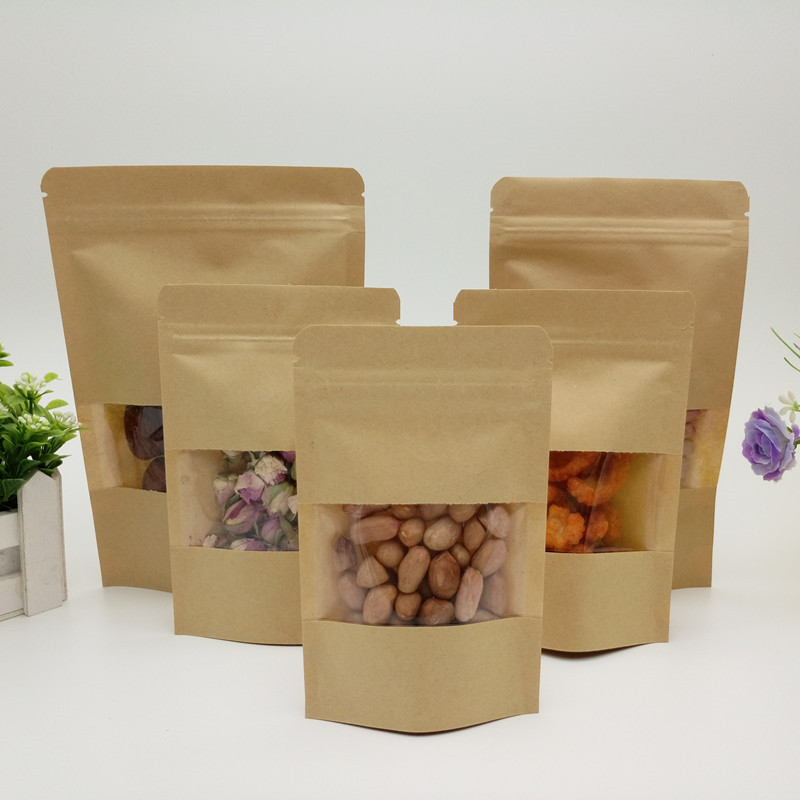 Small Kraft Paper Transparent Window Self-supporting Bag 9*13+3 Food Packaging Self-sealing Bag Snacks Trial Sealed Bag