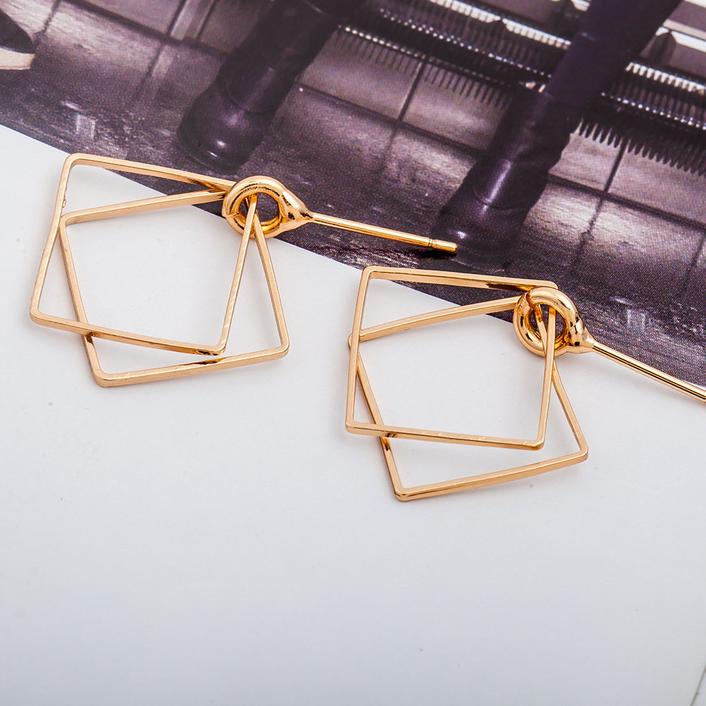 Simple Geometric Hollow Double Square Earrings Gold Plated Silver Diamond Square Earrings Wholesale display picture 2