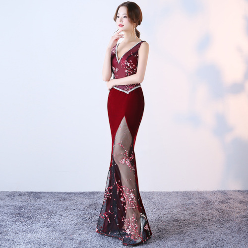 Evening dresses abito da sera Banque Dress female party night club sexy car model meeting evening dress long dress wine red