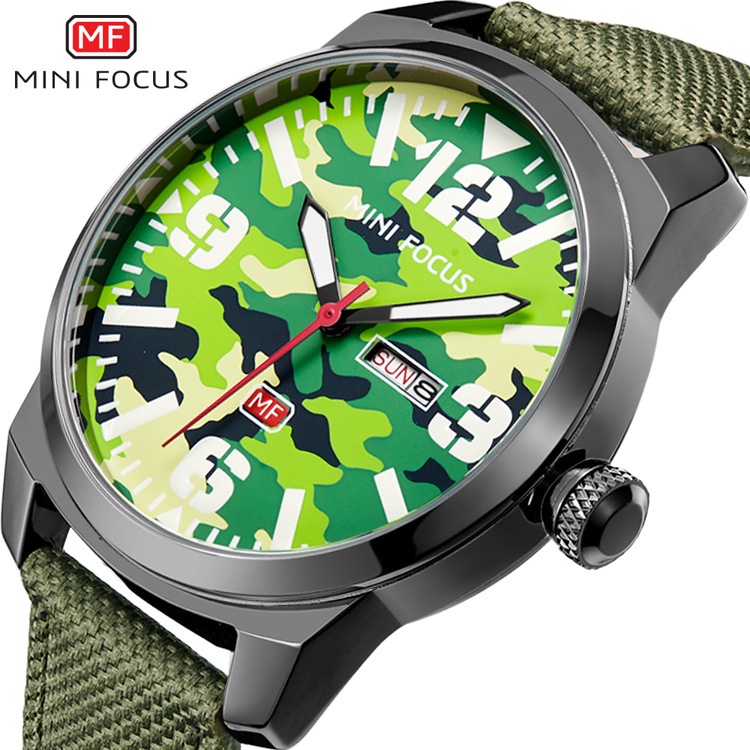 Mini focus fashion outdoor men's watch Japanese movement double calendar luminous waterproof nylon strap 0032g