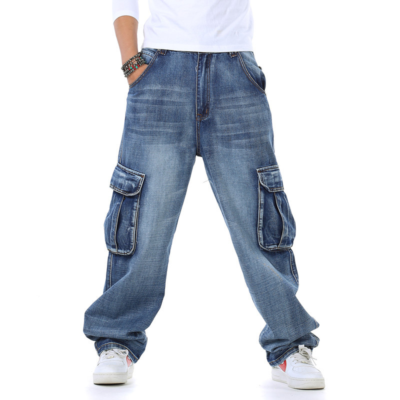 Fashion Men Multi Pocket Wide Leg Jeans Denim Trousers Baggy Street Hip Hop  Pant