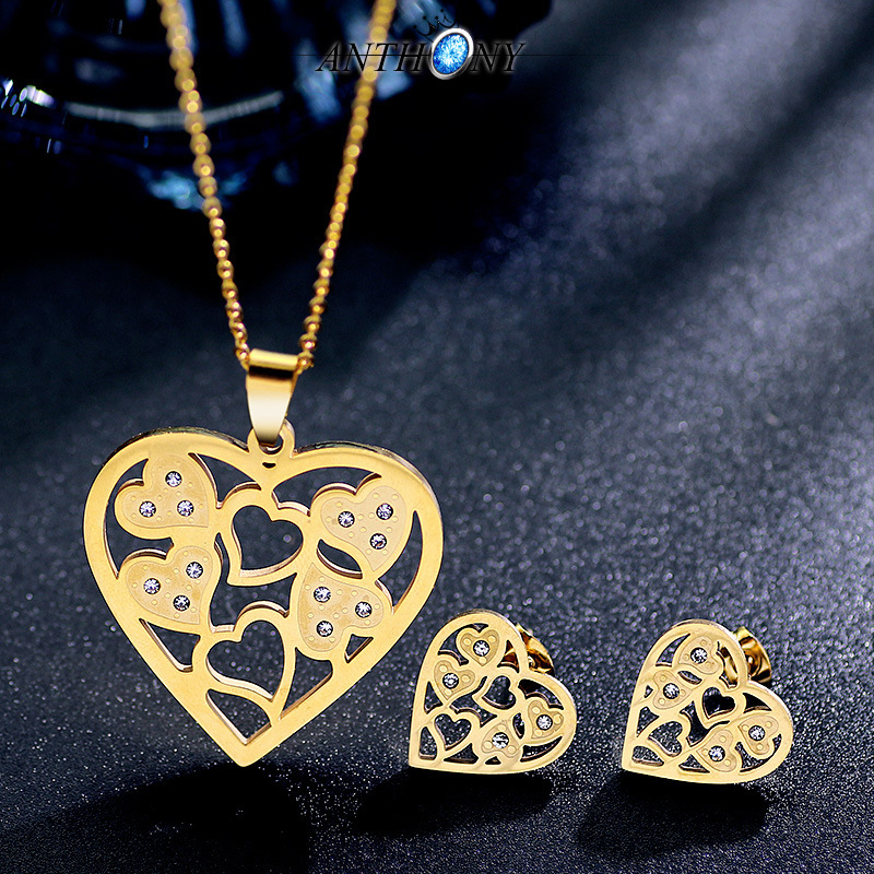 Fashion Titanium Steel Rhinestone Hollow Heart Pendant Necklace Earrings Set display picture 6
