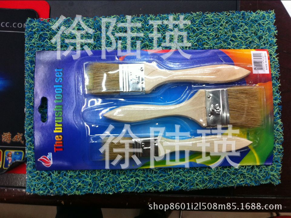 633白色杨木柄猪鬃毛刷3PCS吸卡套装欧美超市一元两元店油漆刷