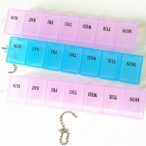 Best-selling long transparent storage box plastic pill box, portable seven-compartment small pill box for a week, printed with logo