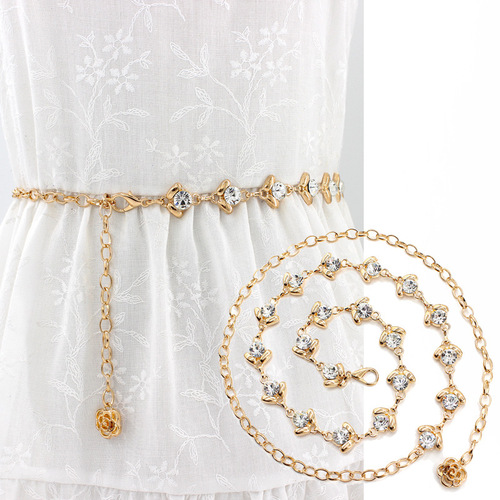 Hot selling Korean version with dress women's decorative waist chain women's thin sweet rhinestone inlaid metal waist chain one piece drop shipping