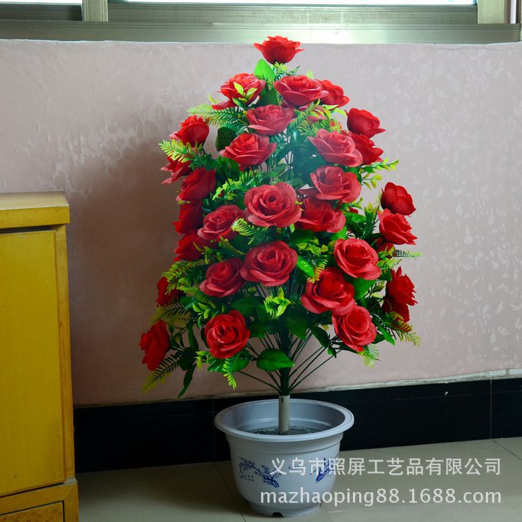 义乌照屏仿真花摆放仿真花仿真玫瑰仿真花树48头珍珠园玫厂家批发|ms