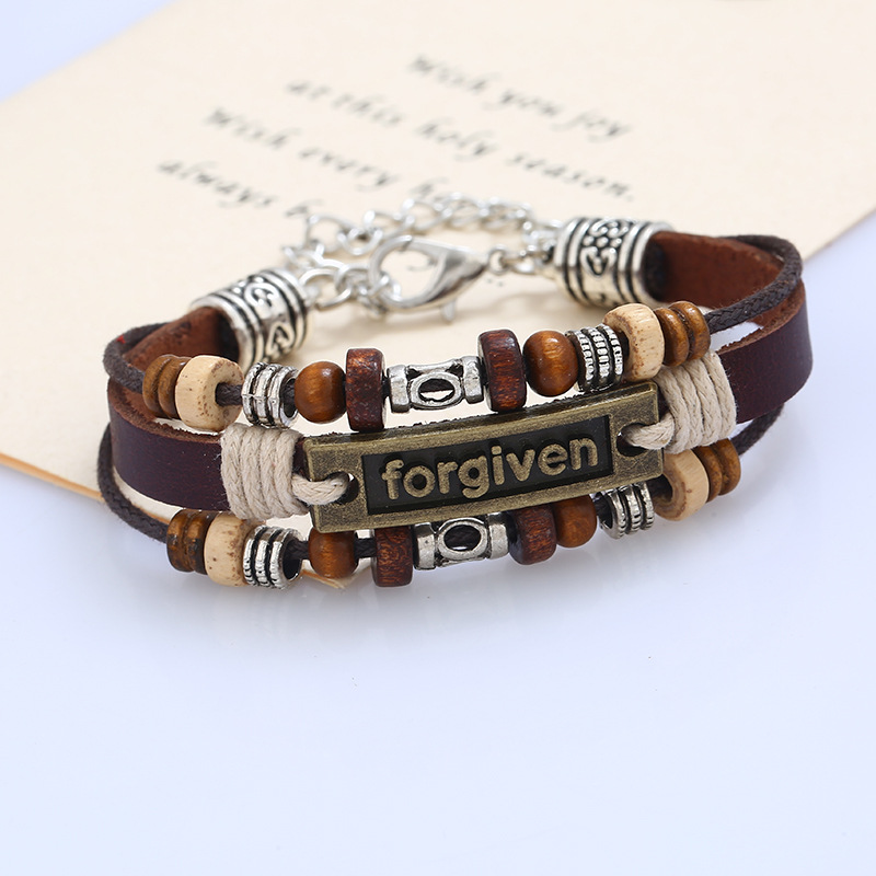 Style Européen Et Américain Rétro Alliage Anglais Lettres Pardonné Bovins En Cuir Bracelet Croix-frontière E-commerce Ornement Source Fournisseur display picture 1