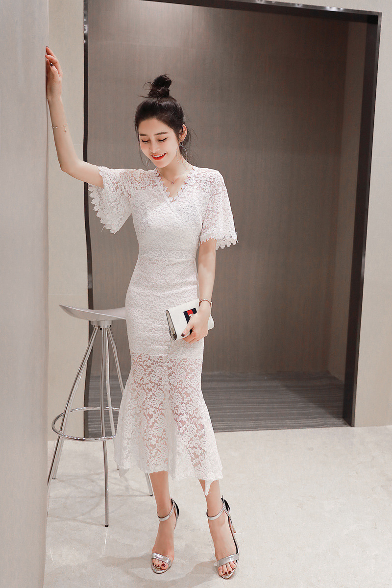 Đầm nữ cổ chữ V ren ôm body dáng dài — Màu đen chi tiết 7