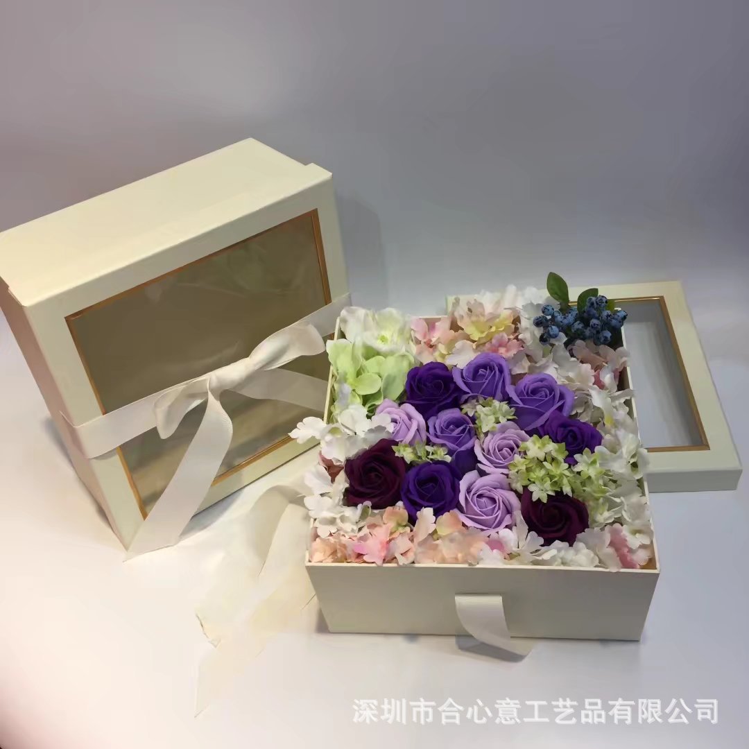 合心意鲜花包装盒PVC开窗花盒正方形礼品盒二件套 伴手礼盒鲜花盒