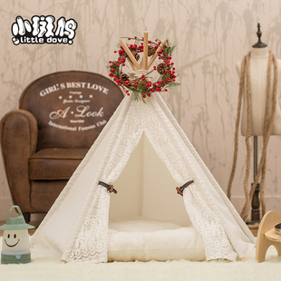 Small Turtledove Pet Tent Cat and Dog Kennel Removable and Washable Canvas Fabric Wooden Pet Nest Pet Mat Pet Supplies