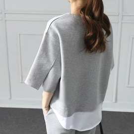 韩国代购2019秋季新款女装假两件套开叉上衣+七分裤休闲时尚套装